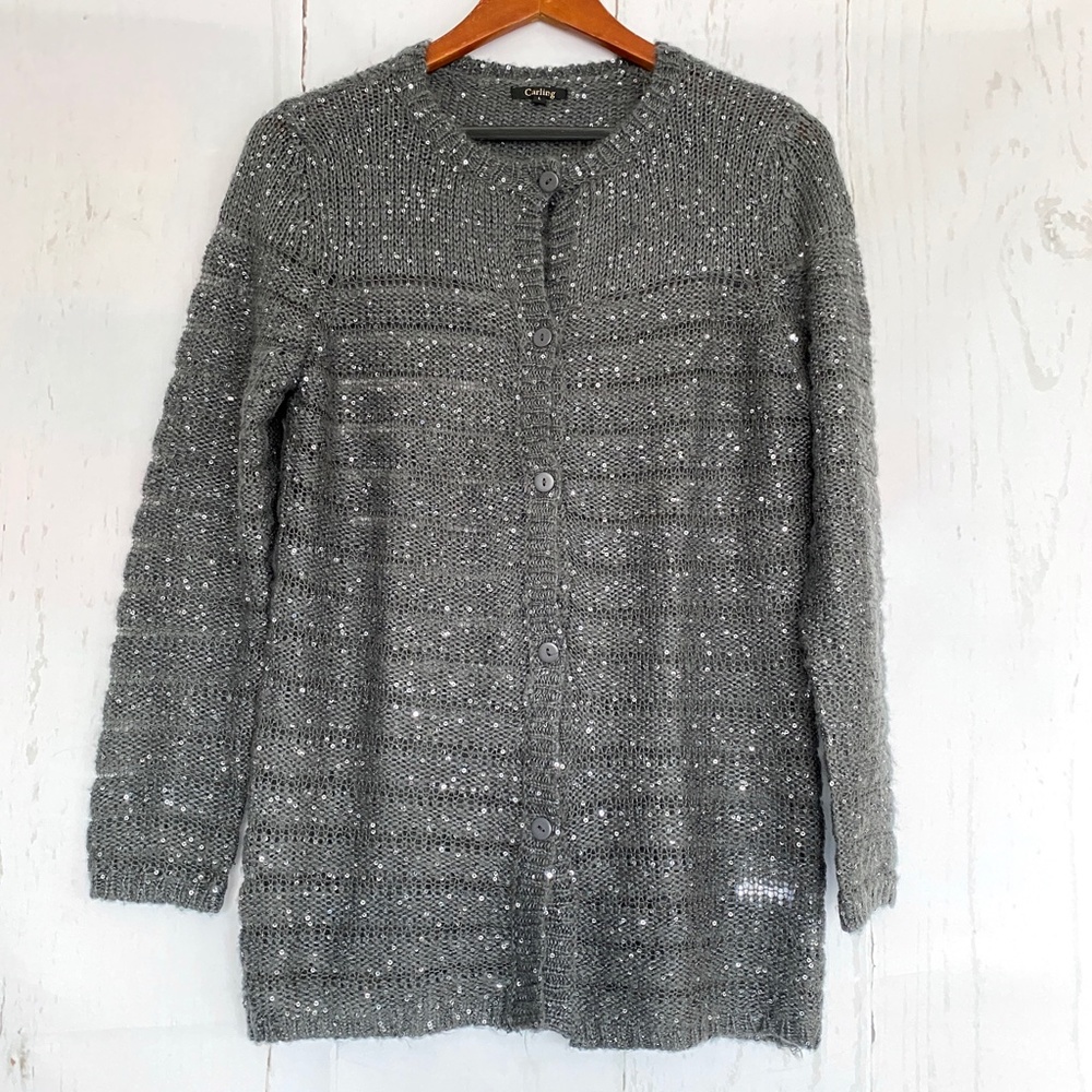 CARLING Gray Bedazzled Long Sleeve Cardigan Sweater Large L
